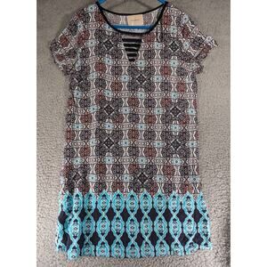 Skies Are Blue Dress Large Petite Boho Geometric Print V-Neck Short Sleeve Dress